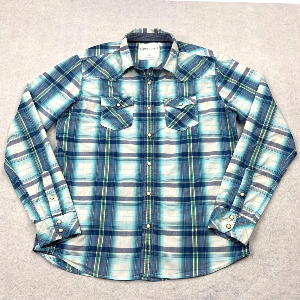 Aeropostale Mens Large Blue Green Plaid Pearl Snap Western Long Sleeve Shirt L